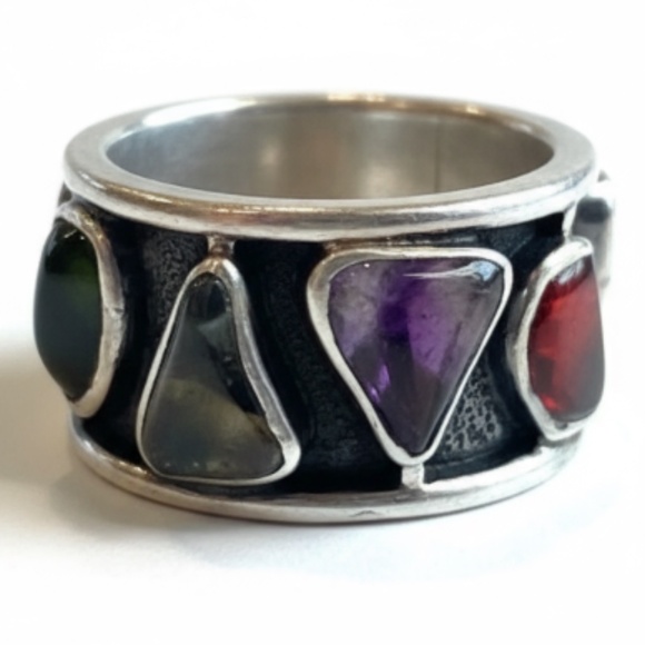Modernist H. Fred Skaggs MCM Sterling Silver Signed Ring Multi Tourmaline Size 7 - Picture 4 of 15